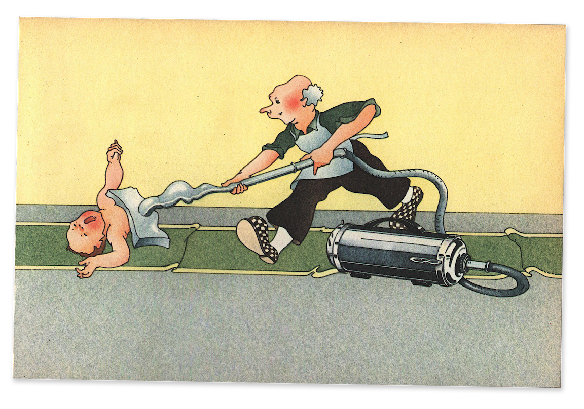 An illustration of a man sucking up a baby with a vacuum.
